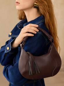 MOTF WOMEN'S FASHION BURGUNDY HANDBAG, EXQUISITE TASSEL, SIMPLE ROUND BAG, CROSSBODY, FOR DAILY, SHOPPING, COMMUTING, TRAVEL - Coffee - View 7