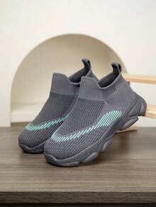 1 Pair Kids Knit Sneakers, Breathable Mesh Running Shoes, Convenient Slip-On, Lightweight, Fashionable Casual Wear For Students - Medium gray green - View 2