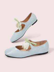 CUCCOO DOLLMOD Women's Ballet Flat Square Toe 3D Floral Embellished Slip On Solid Color Casual Daily Blue Fall Shoes - Blue - View 3