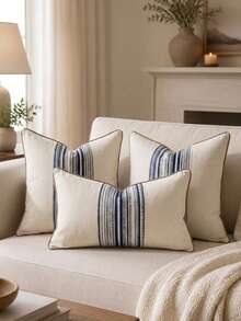 Cirelle 1pc/2pcs All-Season Middle Vertical Striped Patchwork Throw Pillow Covers, Square Cushion Cases With Piped Edge Design, Neutral Rustic Farmhouse Boho Home Decor For Sofas,Bedrooms,Bay Windows,Homestays&Influencer Apartments,Pillow Insert Not Included - Blue - View 1