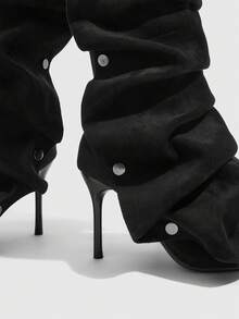 CUCCOO SZL Outdoor Ladies Pointed Stiletto Fleece Fabric Silver Button Decoration Stylish Simple Comfortable Daily Party Banquet Side Zipper Boots - Black - View 5