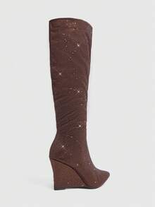 CUCCOO SZL Women's Coffee Brown Suede Pointed Toe Wedge Heel Rhinestone Ruched Knee-High Boots, Glamorous Sexy Party Nightclub Long Boots - Coffee Brown - View 3