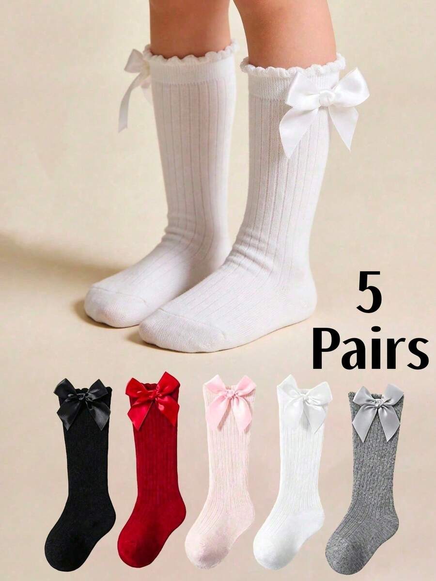 SHEIN 5 Pairs Of Baby Girls And Children's Bows Solid Color Versatile Elegant And Cute High Tube Socks College Style Stockings - Multicolor - View 1