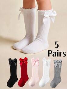 SHEIN 5 Pairs Of Baby Girls And Children's Bows Solid Color Versatile Elegant And Cute High Tube Socks College Style Stockings - Multicolor - View 12