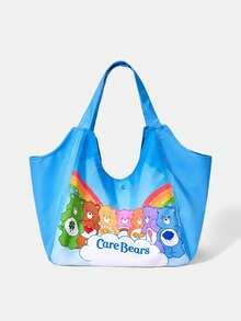 SHEIN X Care Bears 1件大容量印花圖案單肩手提包，適用於露營、海灘、旅行、購物、學校、工作等場合 - 多色-淺藍色 - 查看 1
