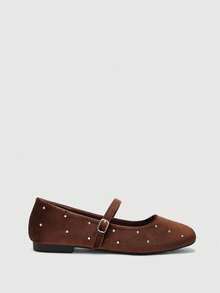 CUCCOO BIZCHIC Women's Dark Brown Soft Waxy Velvet Mary Jane Flats, The Founder Shoe Body Is Scattered With Small Rhinestones, With The Same Velvet Thin Strap And Fu - Coffee - View 2