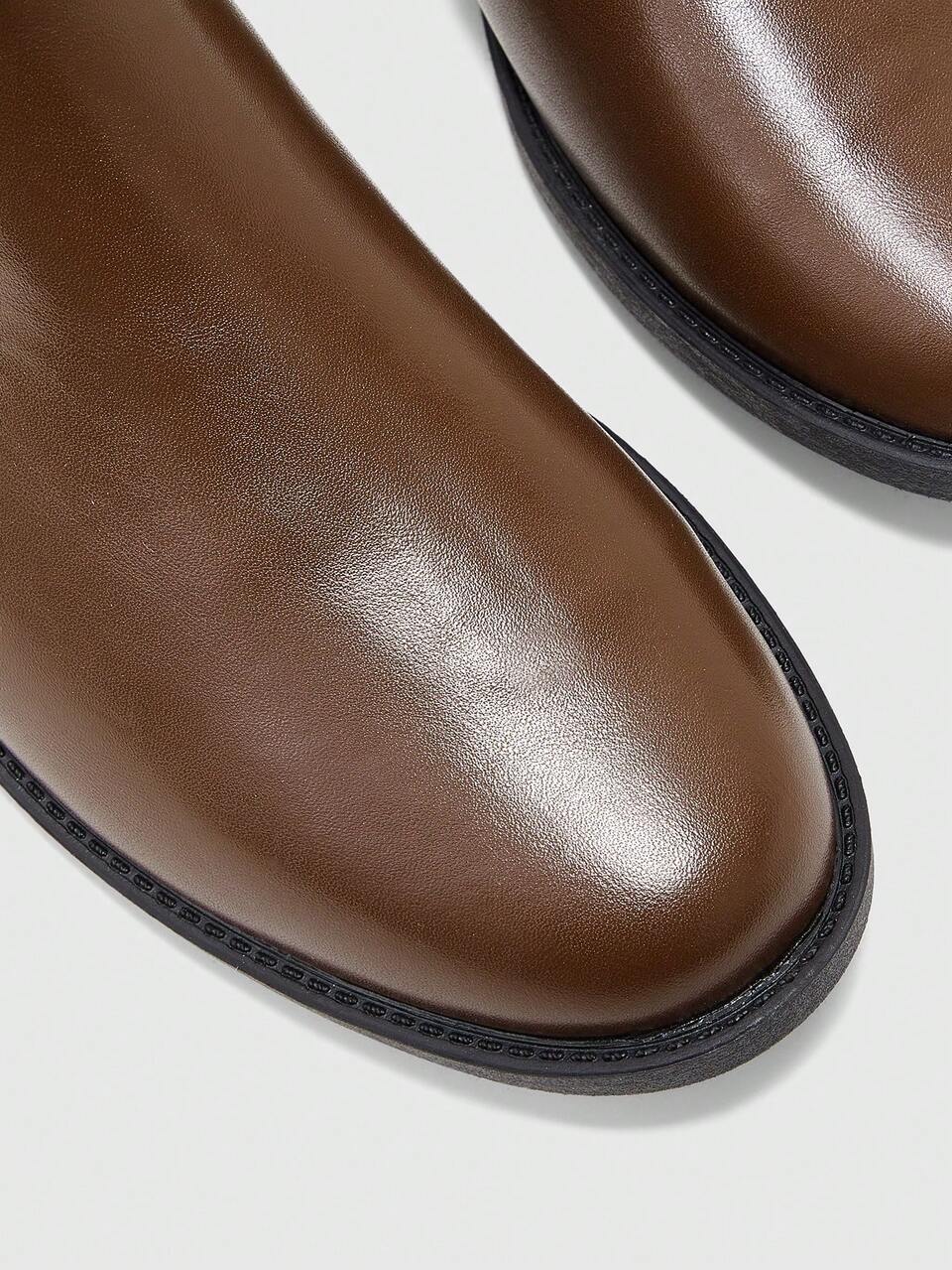 CUCCOO BIZCHIC Women's Autumn And Winter Vintage Brown Round Toe Chelsea Boots Women's Metal Buckle Elastic Rubber Band Side Zipper Low Coarse Heel Daily Commuter V