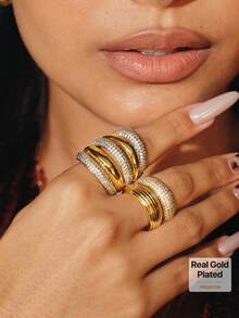 Glisma 18K Gold-Plated 1 Piece Metal Inlaid Rhinestone Open Ring, Suitable For Summer, Beach, Party, Dance And Other Occasions, Luxurious And Fashionable, Su - Color match 4 - View 1