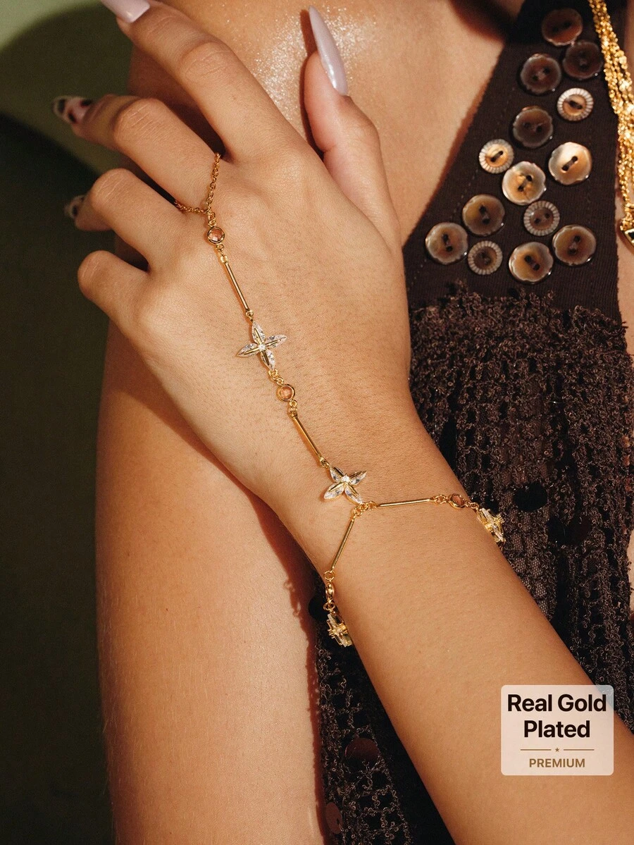 Glisma 18K Gold Plated Clover Crystal Fashion Chain Bracelet - Yellow Gold - View 1