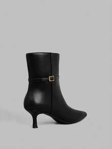 Ontre Pointed Kitten And Metal Buckle Autumn And Winter Versatile Soft Leather Low-Heeled Commuting Fashion Temperament Square Buckle Low-Heeled Short Boots - Black - View 3