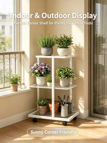 3-Tier Metal Flower Stand With Casters | Decorative Shelf, Storage Rack, Living Room/Balcony Flower Stand, Can Hold 4 Potted Plants - Multicolor - View 5