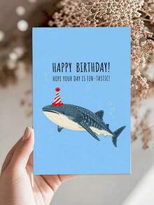 1PC Thick Paper Blank Inside Smooth Writing Durable Blue Background Whale Shark Party Hat Cartoon Funny Pun Text Birthday Greeting Card With Red Envelope For Ocean Lovers Adults Friends Birthday Party Celebration Ocean Themed Funny Birthday Gift Card - multicolor - View 3