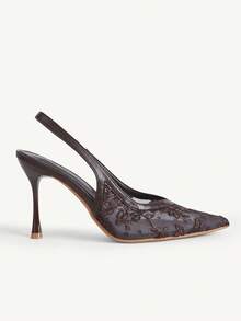 CUCCOO CHICEST 棕色尖頭蕾絲網格細高跟slingback單鞋，極簡性感女款派對晚宴鞋 - 咖啡棕 - 查看 5