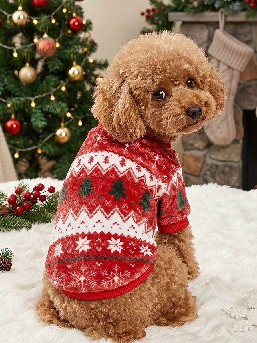 PETSIN 1 Pet Christmas Cat Dog Universal Red Striped Christmas Tree Snowflake Print Plush Warm And Comfortable Dog Christmas - Multicolor - View 1