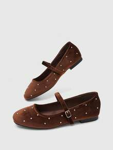 CUCCOO BIZCHIC Women's Dark Brown Soft Waxy Velvet Mary Jane Flats, The Founder Shoe Body Is Scattered With Small Rhinestones, With The Same Velvet Thin Strap And Fu - Coffee - View 3