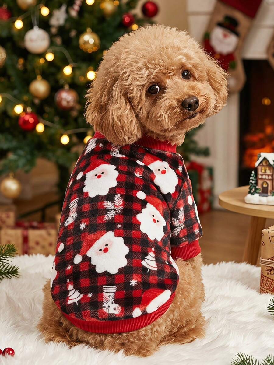 PETSIN 1 Pet Christmas Cat Dog Universal Red And Black Checkered Santa Claus Cute Snowflake Pattern Printed Plush Warm And Comfortable Dog Christmas Gift - Multicolor - View 1