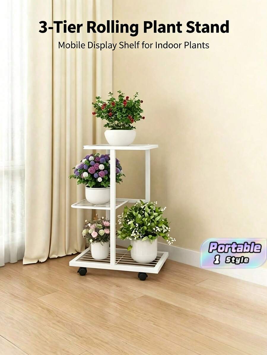 3-Tier Metal Flower Stand With Casters | Decorative Shelf, Storage Rack, Living Room/Balcony Flower Stand, Can Hold 4 Potted Plants - Multicolor - View 1