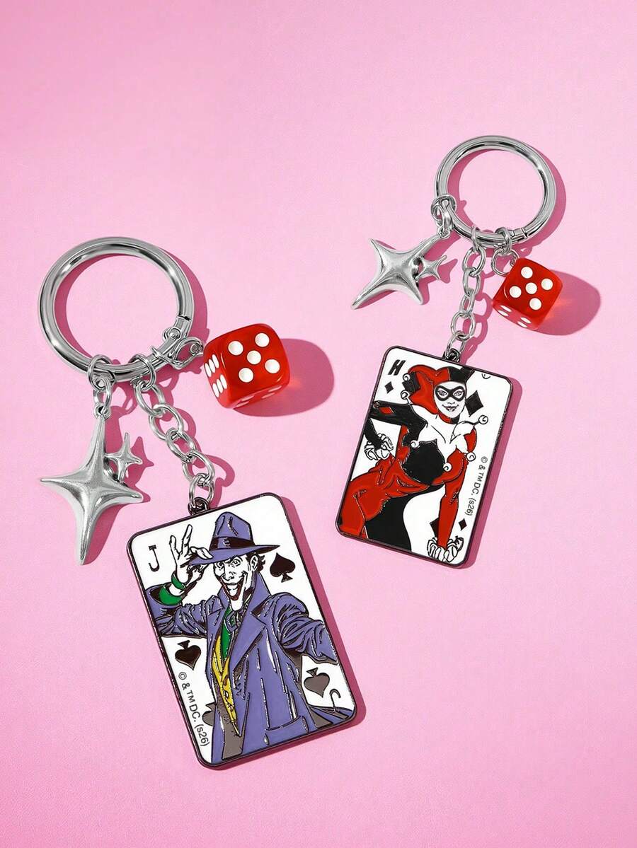 Harley Quinn X SHEIN 双面图案小丑电影人物锌合金包饰，趣味骰子钥匙扣，吊坠，纪念品，收藏品，礼品，钱包，书包，背包，汽车配件 - 彩色 - 查看 1