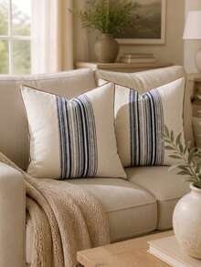 Cirelle 1pc/2pcs All-Season Middle Vertical Striped Patchwork Throw Pillow Covers, Square Cushion Cases With Piped Edge Design, Neutral Rustic Farmhouse Boho Home Decor For Sofas,Bedrooms,Bay Windows,Homestays&Influencer Apartments,Pillow Insert Not Included - Blue - View 2