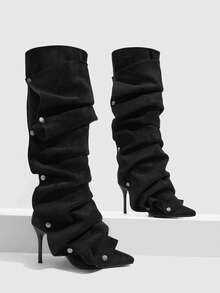 CUCCOO SZL Outdoor Ladies Pointed Stiletto Fleece Fabric Silver Button Decoration Stylish Simple Comfortable Daily Party Banquet Side Zipper Boots - Black - View 1