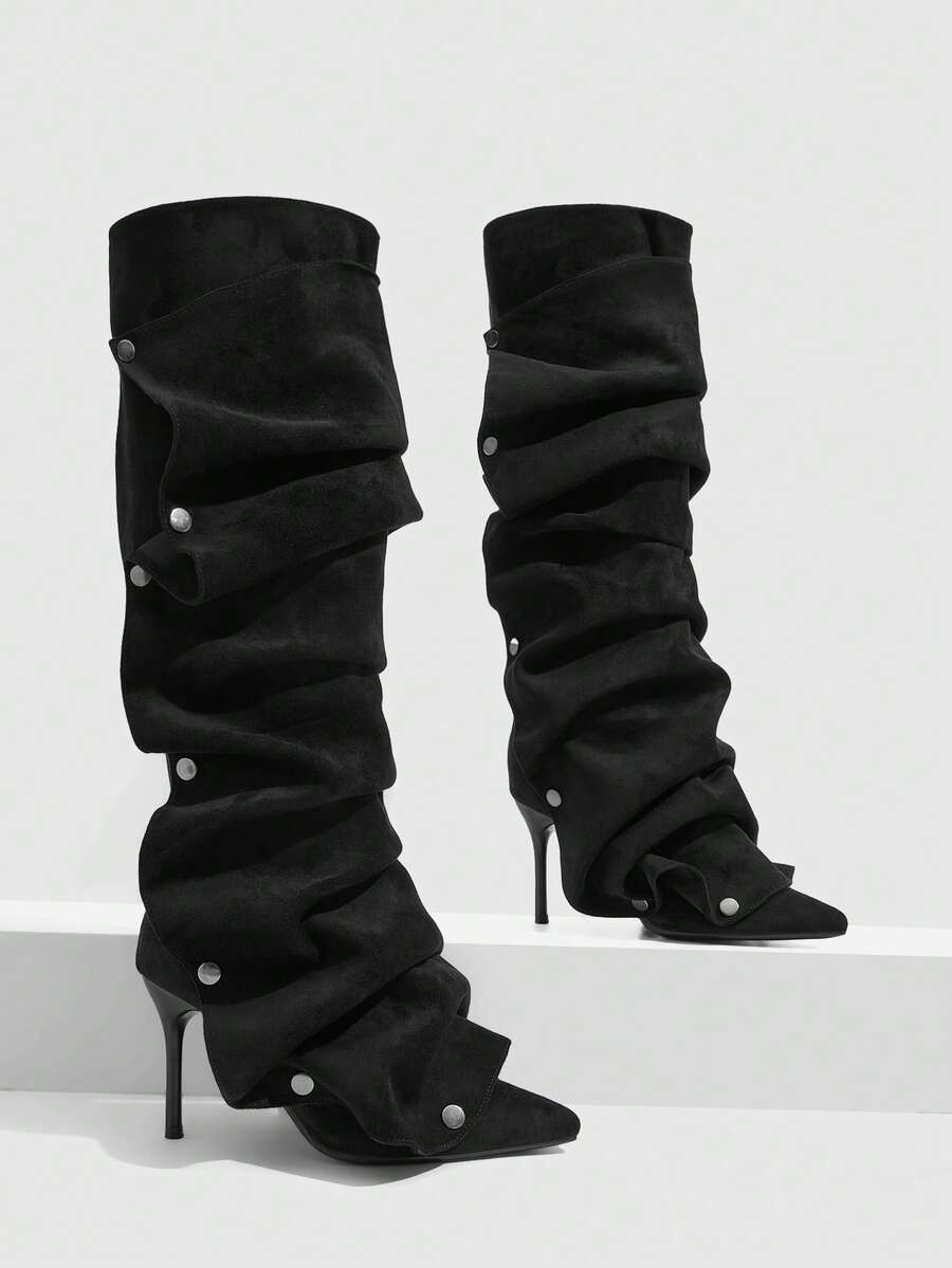 CUCCOO SZL Outdoor Ladies Pointed Stiletto Fleece Fabric Silver Button Decoration Stylish Simple Comfortable Daily Party Banquet Side Zipper Boots - Black - View 1