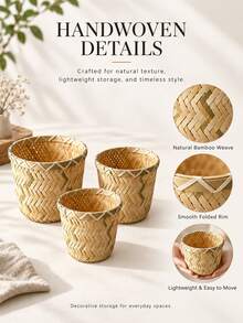 Haus Hana 1pc Wholesale Hand-Woven Bamboo Storage Basket, Round Waste Bin & Sundries Organizer For Coffee Table, Living Room, Bedroom & Study - Multicolor - View 4