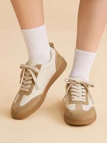 CUCCOO EASI Off-White & Khaki 女款 T-Toe 德式訓練鞋，麂皮拼接低筒運動鞋，百搭通勤休閒平底運動鞋 - 米白卡其色 - 查看 5