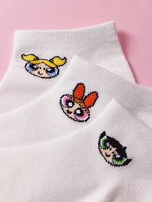 THE POWERPUFF GIRLS X SHEIN 3雙舒適可愛卡通圖案船襪 - 白色 - 查看 3
