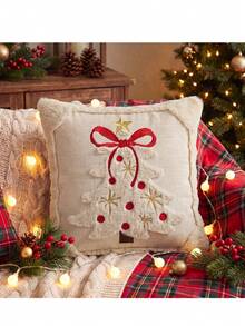 Cirelle 1pc/2pcs Soft Plush Christmas Cushion Cover, Embroidered Christmas Tree Decorative Pillow Case With Bow Knot, Cozy Winter Holiday Throw Pillow Sham For Home Decor - Beige - View 6