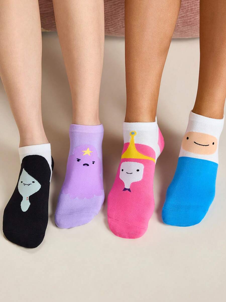 ADVENTURE TIME X SHEIN 4 قطع/مجموعة جوارب قصيرة بنمط كرتوني لطيف للنساء، جوارب كاحل، معززة عند الأصابع والكعب، مناسبة لجميع الفصول، للجنسين، للرجال والنساء، جوارب برسومات - خلط الألوان - مشاهدة 1