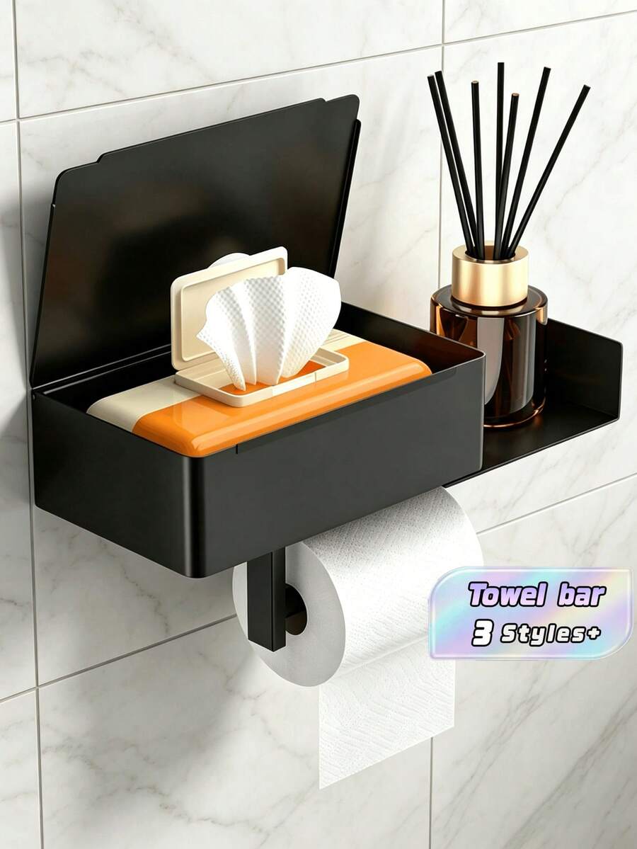 1 Minimalist Black Wall-Mounted Toilet Paper Holder, Stainless Steel Multi-Functional Phone Stand, Suitable For Bathroom And Autumn Decor - Black - View 1