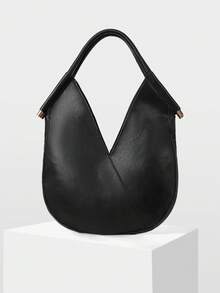 MOTF WOMEN'S FASHION BLACK SHOULDER BAG, WOVEN HANDLE FRINGED DECORATION, SIMPLE V-SHAPED ROUND TOTE BAG, FOR DAILY, COMMUTING, SHOPPING - Black - View 4