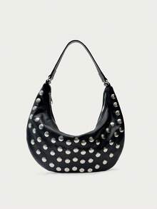 Nöista Black Hobo Shoulder Bag With Silver Stud Detailing, A Curved Silhouette And Adjustable Strap With Zip Closure. - Black - View 3