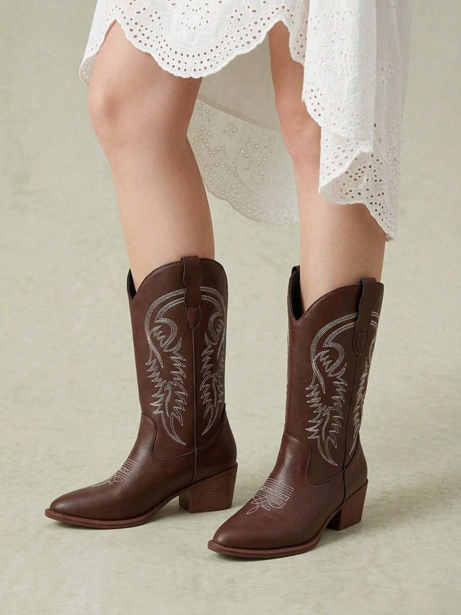 Styleloop Women's Gothic Punk White Embroidery V-Cut Butterfly Western Mid-Calf Thick Heel Boots, Halloween - Red + white line - View 1