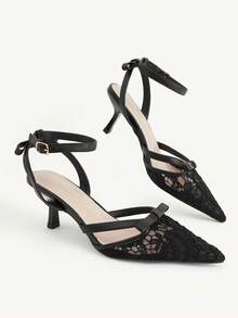 CUCCOO CHICEST Eleganta högklackade skor för dam med rosett, blomma, mesh, andningsbara, moderiktiga, mångsidiga, spetsiga och tunn klack, vår - Svart - Visa 1