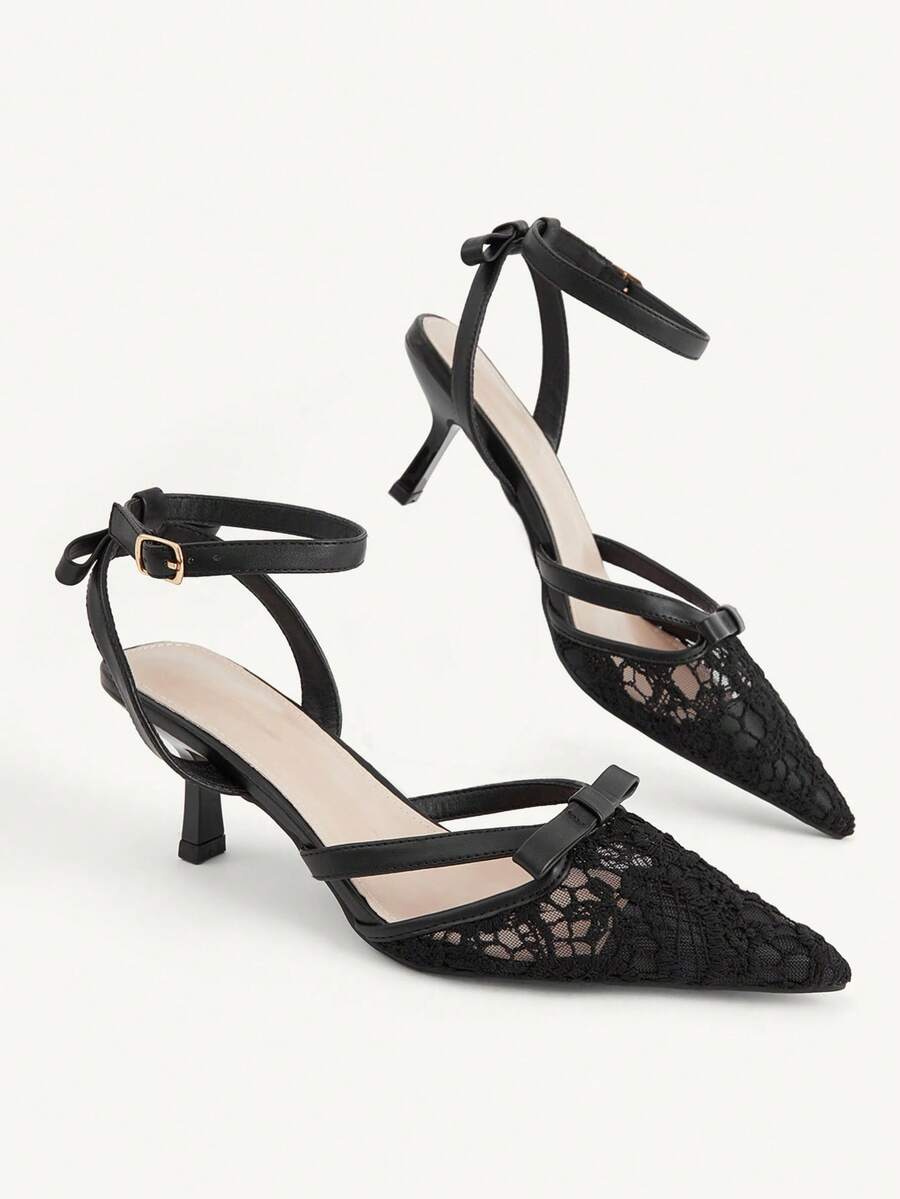 CUCCOO CHICEST Eleganta högklackade skor för dam med rosett, blomma, mesh, andningsbara, moderiktiga, mångsidiga, spetsiga och tunn klack, vår - Svart - Visa 1