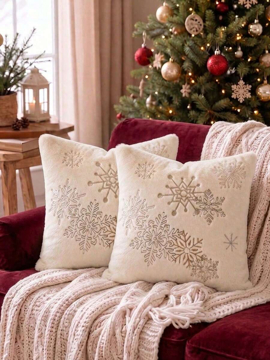 Cirelle 1件/2件裝聖誕仿兔毛抱枕套,金色刺繡裝飾枕套,含馴鹿、雪花、雪人與聖誕樹圖案,奶油色中性冬季節日居家裝飾,適用沙發、臥室、客廳,不含枕芯 - 仿兔毛金色繡線雪花 - 查看 1