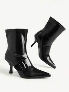 CUCCOO CHICEST Women's Fashion Pointed Middle Heel Square Bag Buckle Black Oily Leather Fabric Slip-On Medium Boots Fall Boots - Black - View 4