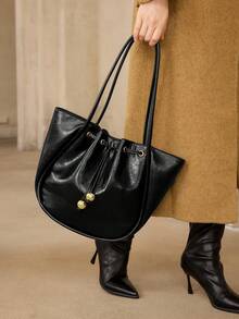 MOTF WOMEN'S FASHION BLACK TOTE BAG, EXQUISITE BALL PENDANT, CLASSIC RETRO OIL WAX SUCTION LARGE-CAPACITY SHOULDER BAG, FOR DAILY, COMMUTING, SHOPPING - Black - View 8