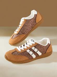 CUCCOO EASI Patchwork Toe Cap Vintage Beige & Brown Contrast Color Rubber Heel Lightweight Lace-Up Casual Sports Shoes - Brown - - View 9