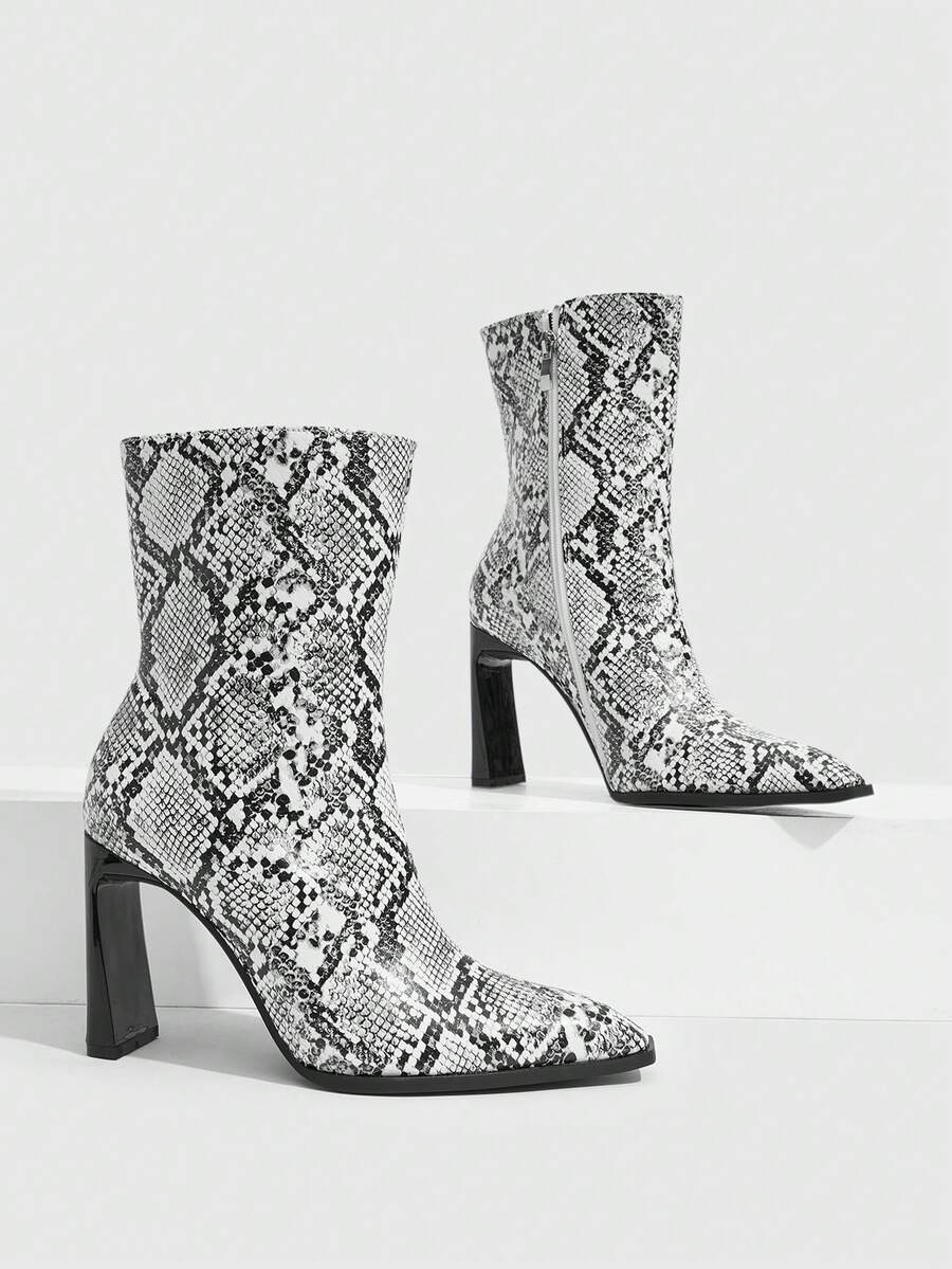 CUCCOO SZL New Small Square Toe, Middle Heel, Snake Pattern, Jindian, Thin, Commuting Atmosphere, Ankle Boots Fall Boots - Black and White - View 1