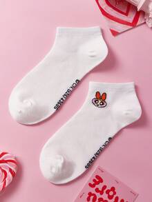 THE POWERPUFF GIRLS X SHEIN 3雙舒適可愛卡通圖案船襪 - 白色 - 查看 9
