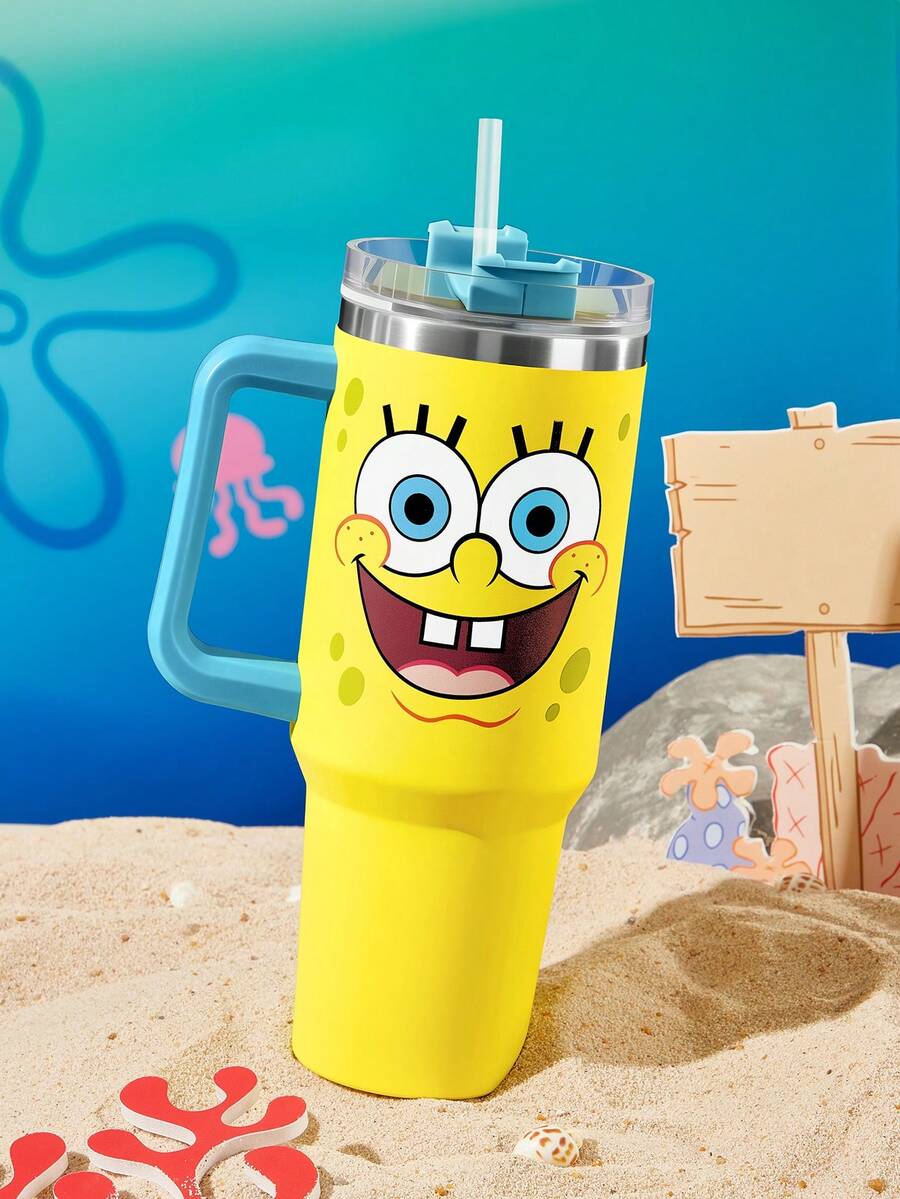 SpongeBob SquarePants | SHEIN 1200ml / 40oz 不鏽鋼保冷水壺,附吸管,適用於熱水與冷飲 - 黃色 - 查看 1