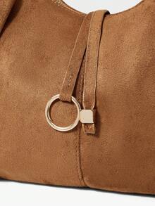 MOTF WOMEN'S FASHION BROWN SHOULDER BAG, RING HARDWARE DECORATION, SOFT SUEDE LARGE CAPACITY TOTE BAG, FOR DAILY SHOPPING COMMUTE - Brown - View 6