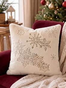 Cirelle 1件/2件裝聖誕仿兔毛抱枕套，金色刺繡裝飾枕套，含馴鹿、雪花、雪人與聖誕樹圖案，奶油色中性冬季節日居家裝飾，適用沙發、臥室、客廳，不含枕芯 - 仿兔毛金色繡線雪花 - 查看 2