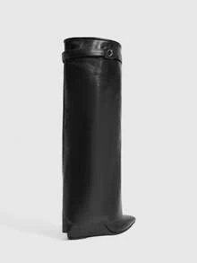 CUCCOO SZL Ladies Black Autumn And Winter Pointed Wedge Heel Sleeve Simple Sexy Versatile Skinny Patent Leather Knee Boots - Black - View 3