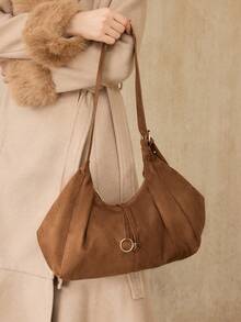 MOTF WOMEN'S FASHION BROWN SHOULDER BAG, RING HARDWARE DECORATION, SOFT SUEDE LARGE CAPACITY TOTE BAG, FOR DAILY SHOPPING COMMUTE - Brown - View 1
