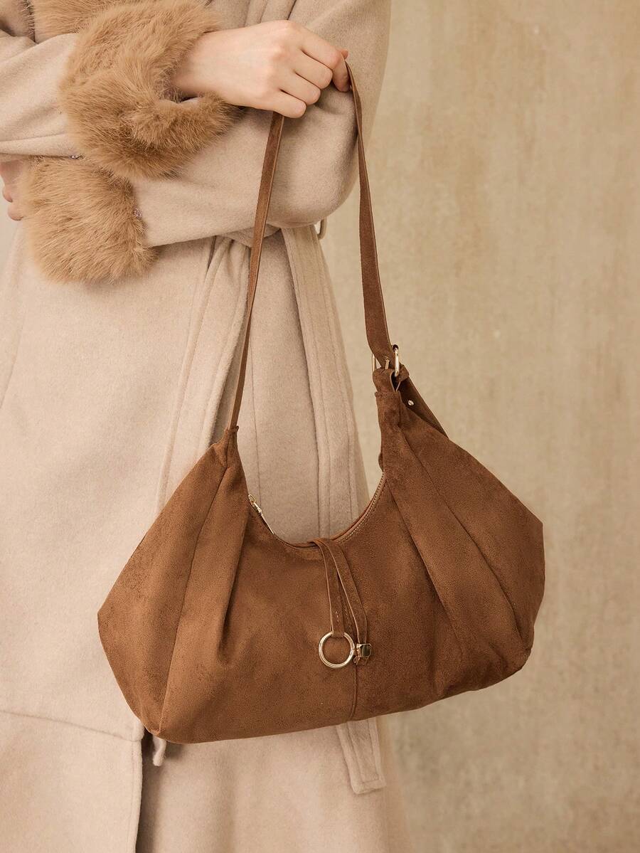 MOTF WOMEN'S FASHION BROWN SHOULDER BAG, RING HARDWARE DECORATION, SOFT SUEDE LARGE CAPACITY TOTE BAG, FOR DAILY SHOPPING COMMUTE - Brown - View 1