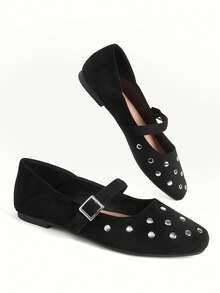 CUCCOO CHICEST New Casual And Comfortable, Imitation Suede Surface, Rivet Decoration, Generous Head Design, Buckle, Women's Flat Shoes - Black - View 4