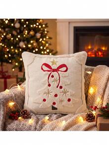 Cirelle 1pc/2pcs Soft Plush Christmas Cushion Cover, Embroidered Christmas Tree Decorative Pillow Case With Bow Knot, Cozy Winter Holiday Throw Pillow Sham For Home Decor - Beige - View 3